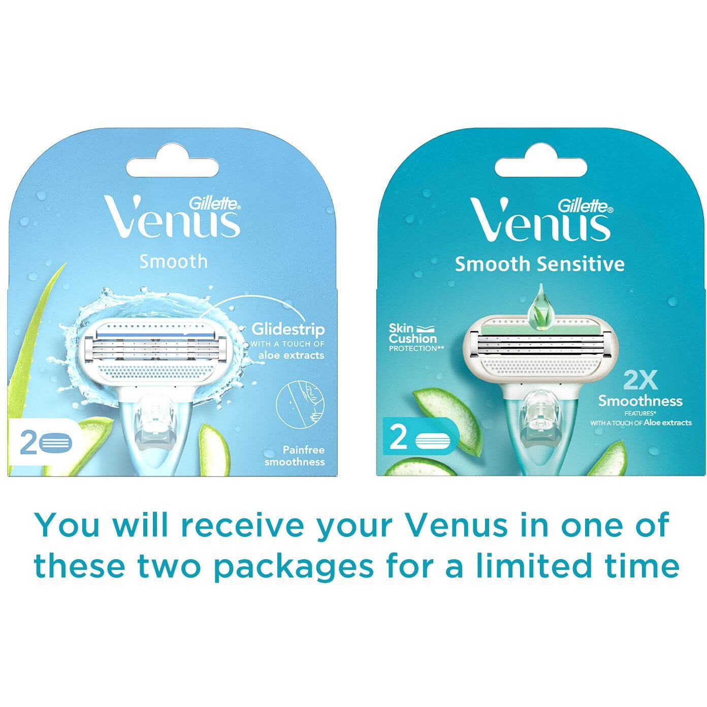 Gillette Venus Hair Removal Razor Blades/Refills/Cartridges (2 Pieces) For Women - (Aloe Vera Glidestrip)