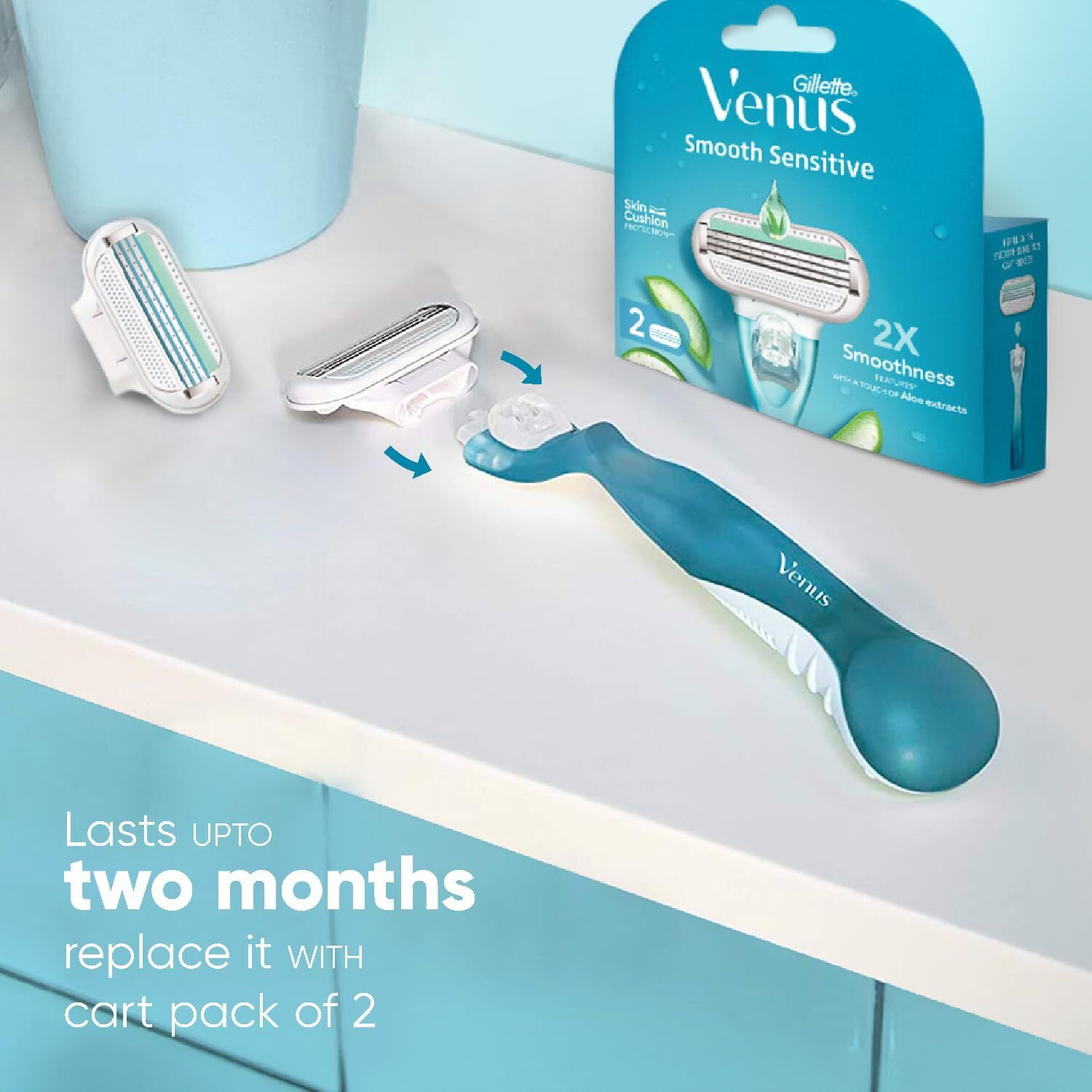 Gillette Venus Hair Removal Razor Blades/Refills/Cartridges (2 Pieces) For Women - (Aloe Vera Glidestrip)
