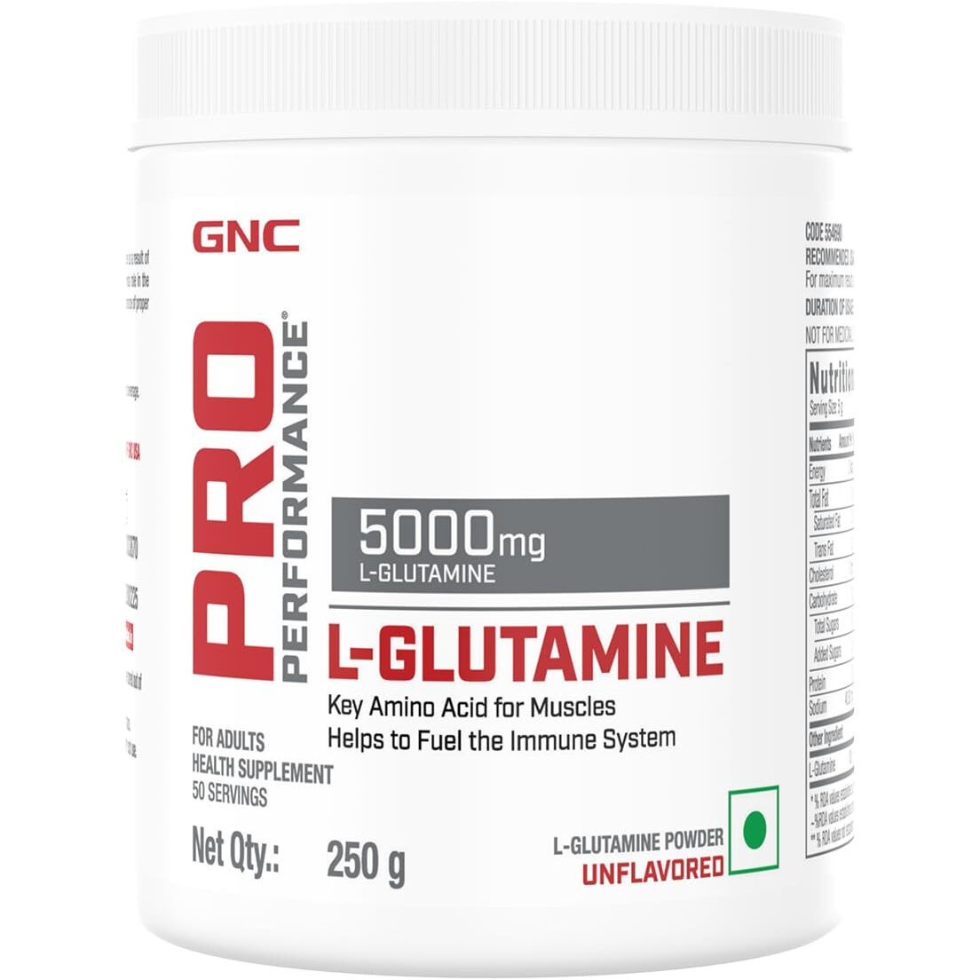 Gnc Pro Performance L-Glutamine 5000 Mg | 250 Gm | 50 Servings | Key Amino Acid For Faster Recovery | Boosts Immunity | Supports Intestinal Function | Lactose Free | Zero Gluten | Unflavoured