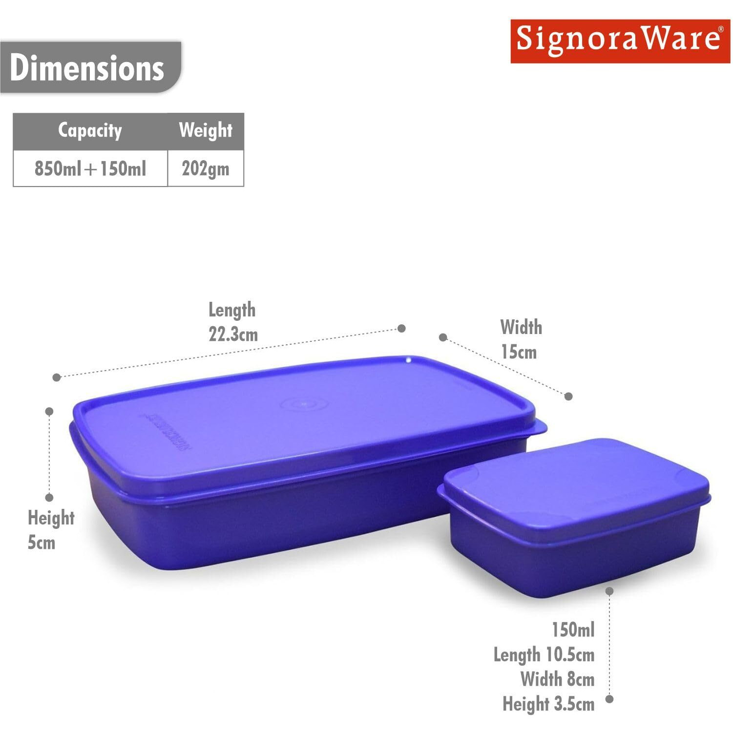 Signoraware Easy Bpa Free Plastic Jumbo Lunch Box | Airtight & Leakproof | Easy To Carry | Odourless | Best For Office, School & College Use | Useful For Picnics & Outdoor ( 850Ml + 150Ml | Violet )