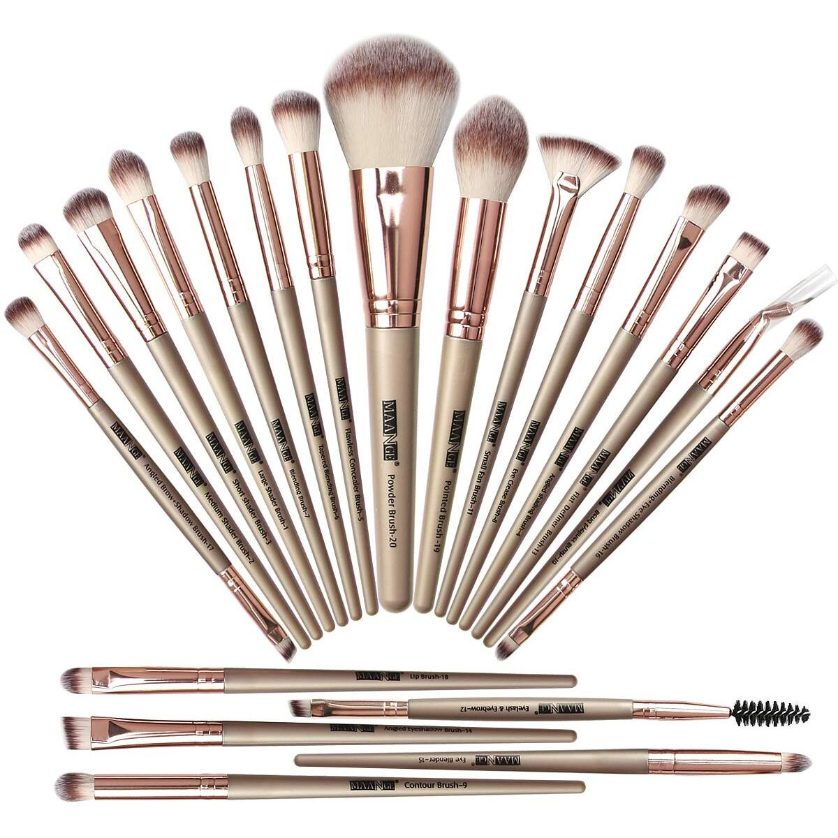 Maange 20 Pcs Professional Makeup Brushes Foundation Eyeshadow Blush Brush,Travel Kabuki Blending Concealers Face Powder Eye Make Up Brushes Set Kit (Champagne)