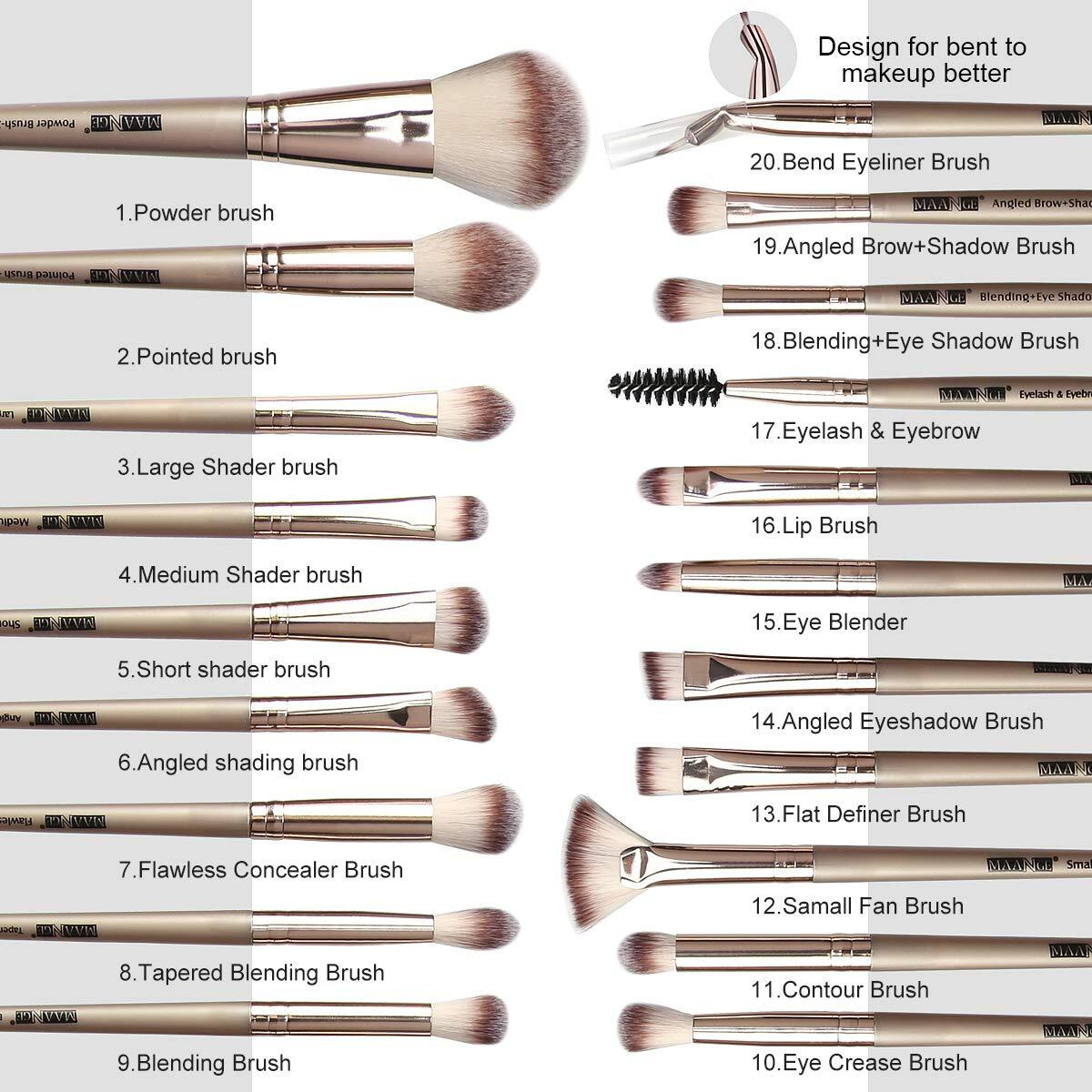 Maange 20 Pcs Professional Makeup Brushes Foundation Eyeshadow Blush Brush,Travel Kabuki Blending Concealers Face Powder Eye Make Up Brushes Set Kit (Champagne)
