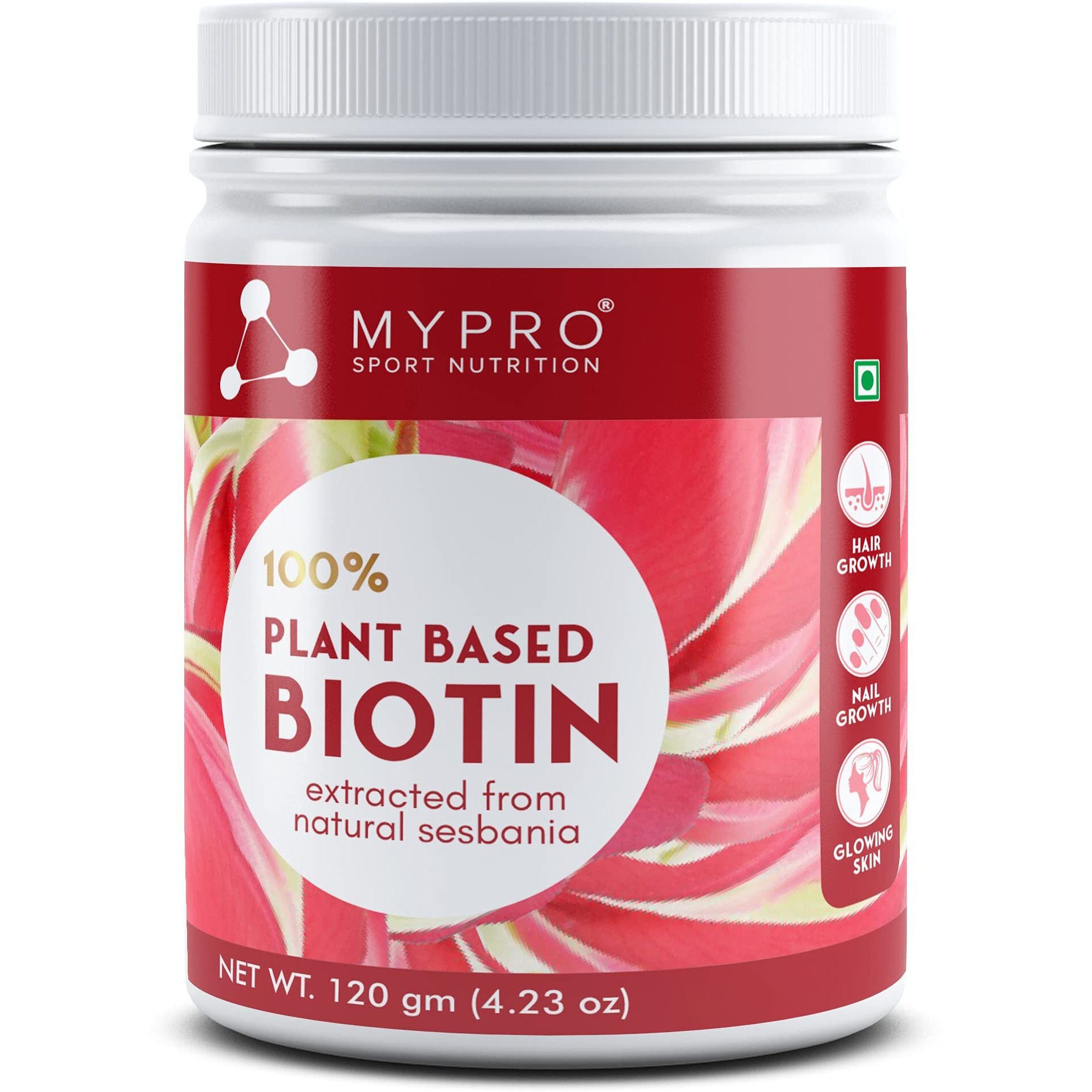 Mypro Sport Nutrition 100% Plant Based Biotin Extracted From Natural Sesbania With Amla,Pomegranate,Sea Buckthron,Bamboo Shoot - 120 Gm Powder (4.23 Oz)