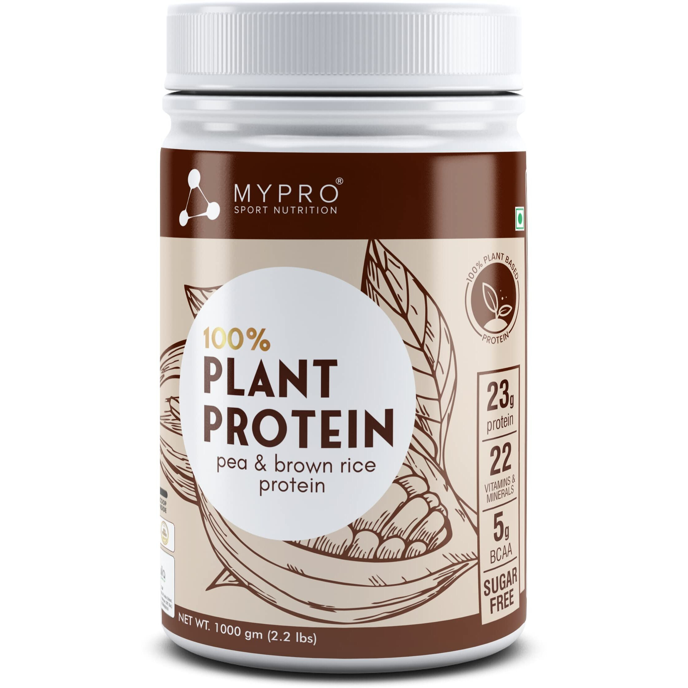 Mypro Sport Nutrition Plant Protein Powder Pea & Brown Rice Protein (23G Protein,22 Vitamins & Minerals,5G Bcaa) Plant Based Vegan Protein Supplement For Men & Women (Chocolate Flavour -1000 Gm)