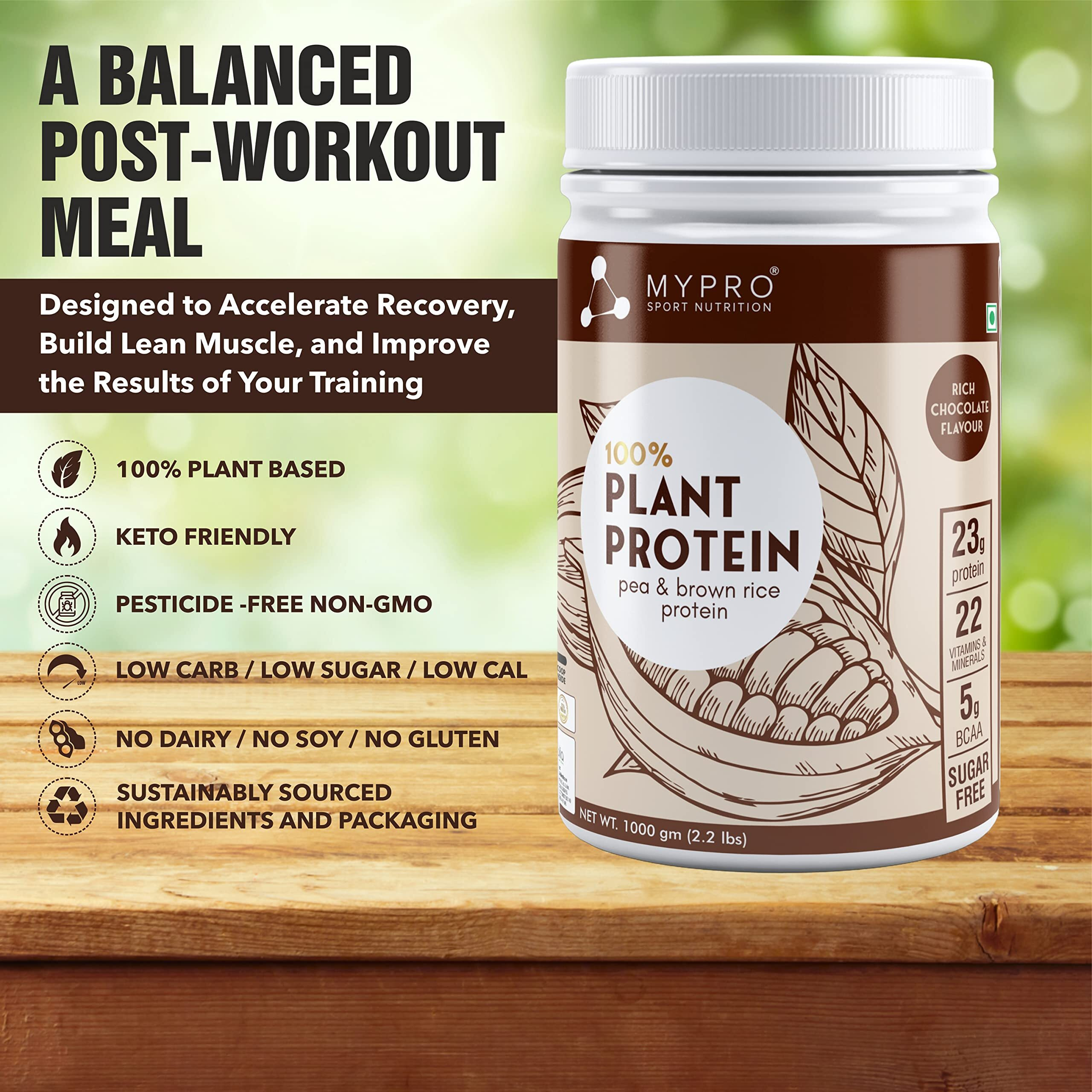 Mypro Sport Nutrition Plant Protein Powder Pea & Brown Rice Protein (23G Protein,22 Vitamins & Minerals,5G Bcaa) Plant Based Vegan Protein Supplement For Men & Women (Chocolate Flavour -1000 Gm)