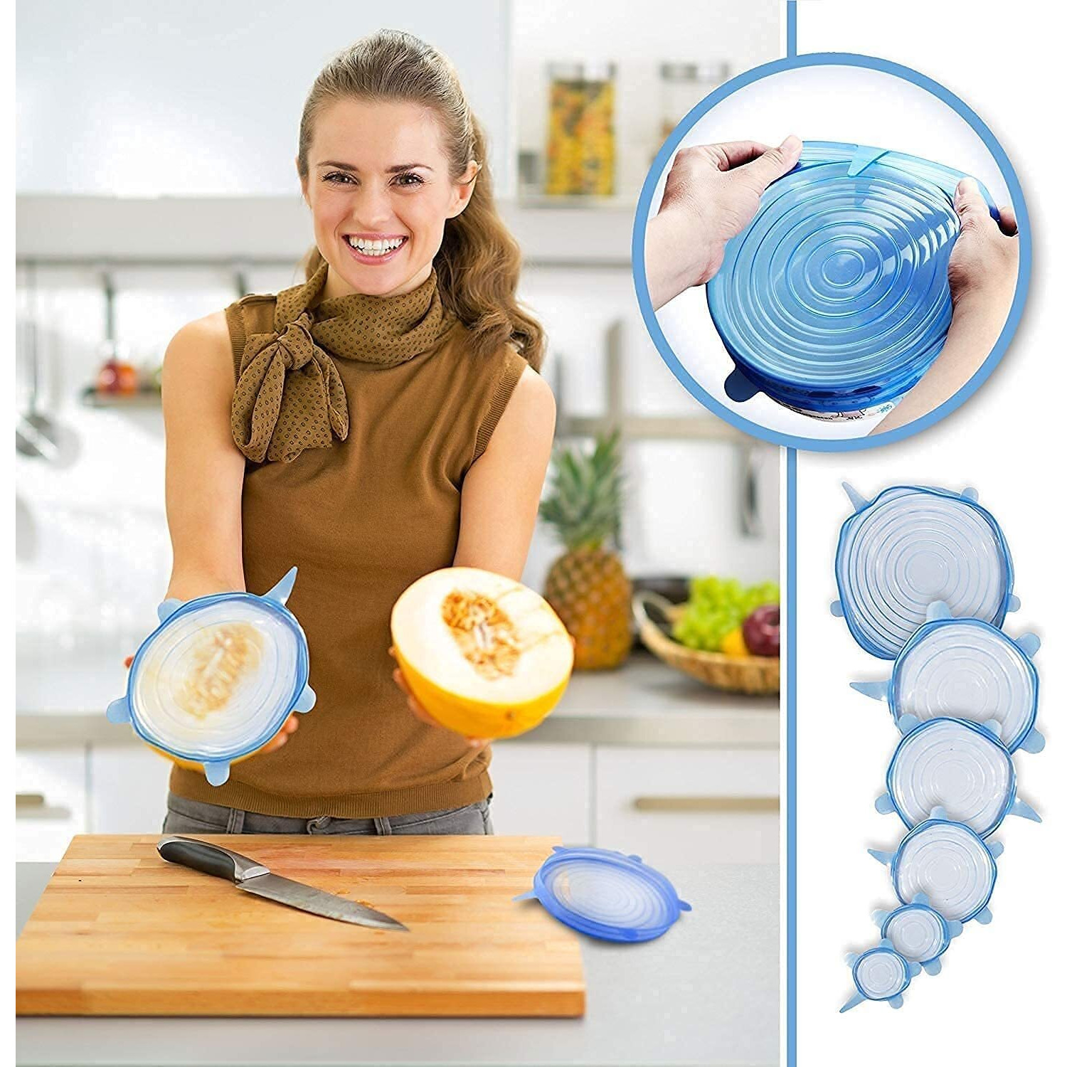 Qerinkle Microwave Safe Silicone Stretch Lids Reuseable Flexible Covers For Rectangle, Round, Square Bowls, Dishes, Plates, Cans, Jars, Glassware And Mugs (Free Size_Multicolor) (Se Of 6)