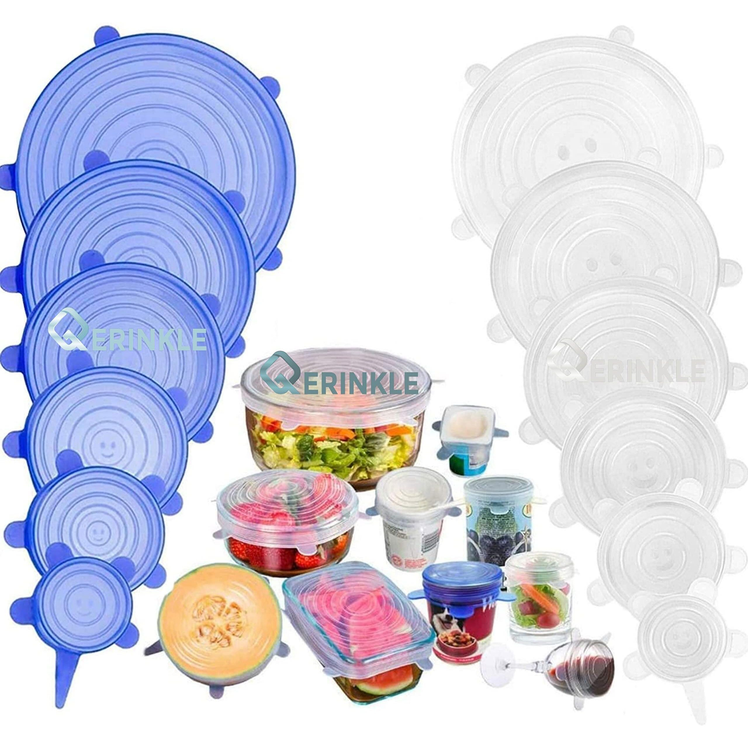Qerinkle Microwave Safe Silicone Stretch Lids Reuseable Flexible Covers For Rectangle, Round, Square Bowls, Dishes, Plates, Cans, Jars, Glassware&Mugs(Free Size_Multicolor)(Set Of 6),10 X 5 X 5 Cm