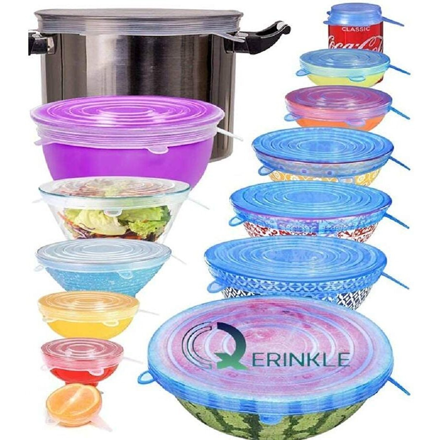 Qerinkle Microwave Safe Silicone Stretch Lids Reuseable Flexible Covers For Rectangle, Round, Square Bowls, Dishes, Plates, Cans, Jars, Glassware&Mugs(Free Size_Multicolor)(Set Of 6),10 X 5 X 5 Cm