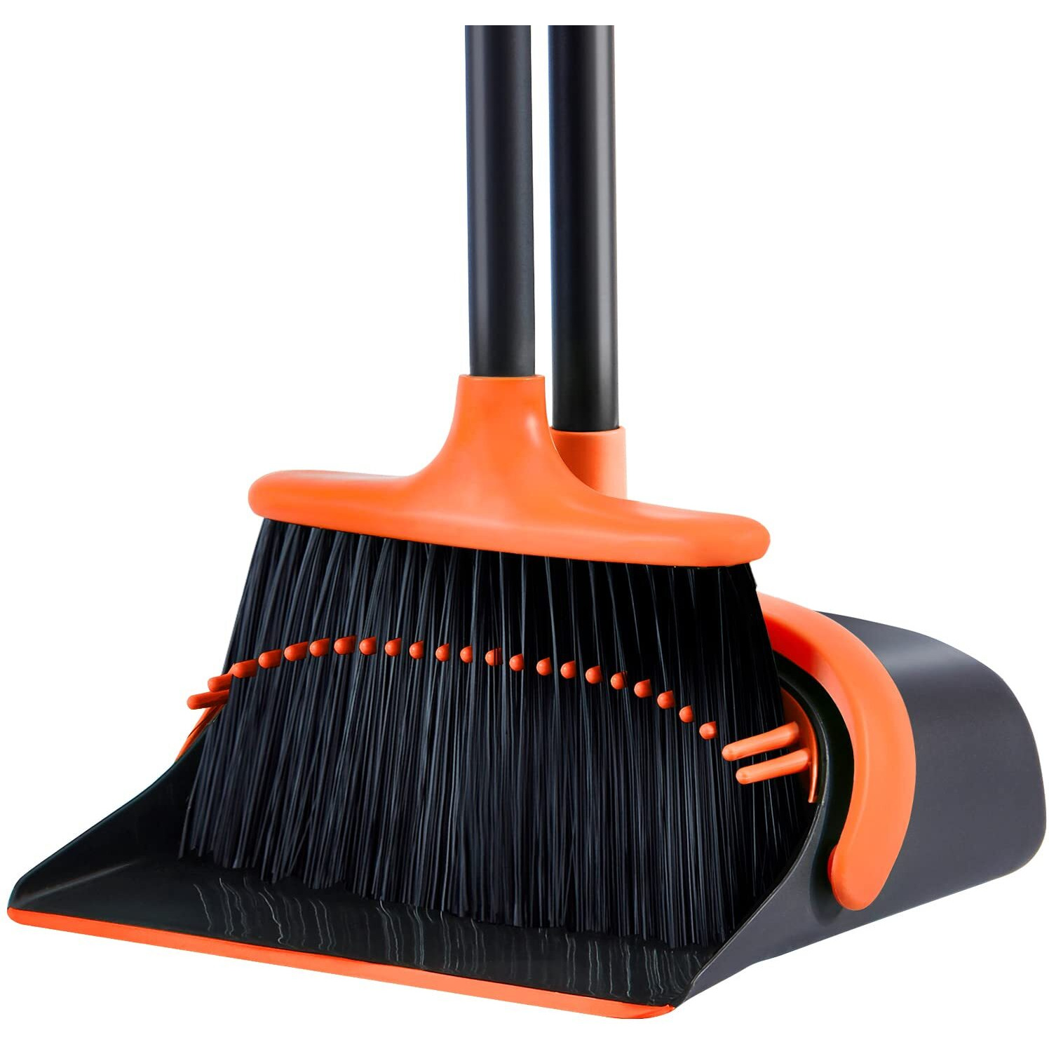 Sangfor Rubber Dust Pan And Broom Set Cleans Broom And Dustpan Set Upright Stand Up Dustpan Broom Combo With Long Handle For Home Kitchen Room Office Lobby Floor Use (Orange)