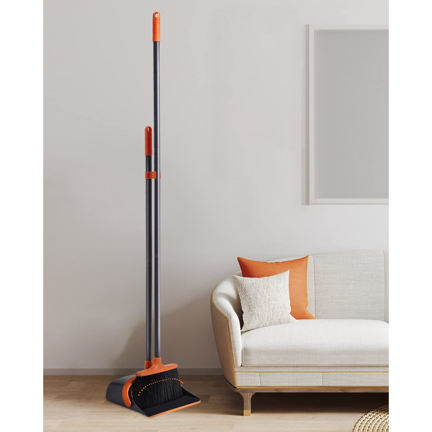 Sangfor Rubber Dust Pan And Broom Set Cleans Broom And Dustpan Set Upright Stand Up Dustpan Broom Combo With Long Handle For Home Kitchen Room Office Lobby Floor Use (Orange)