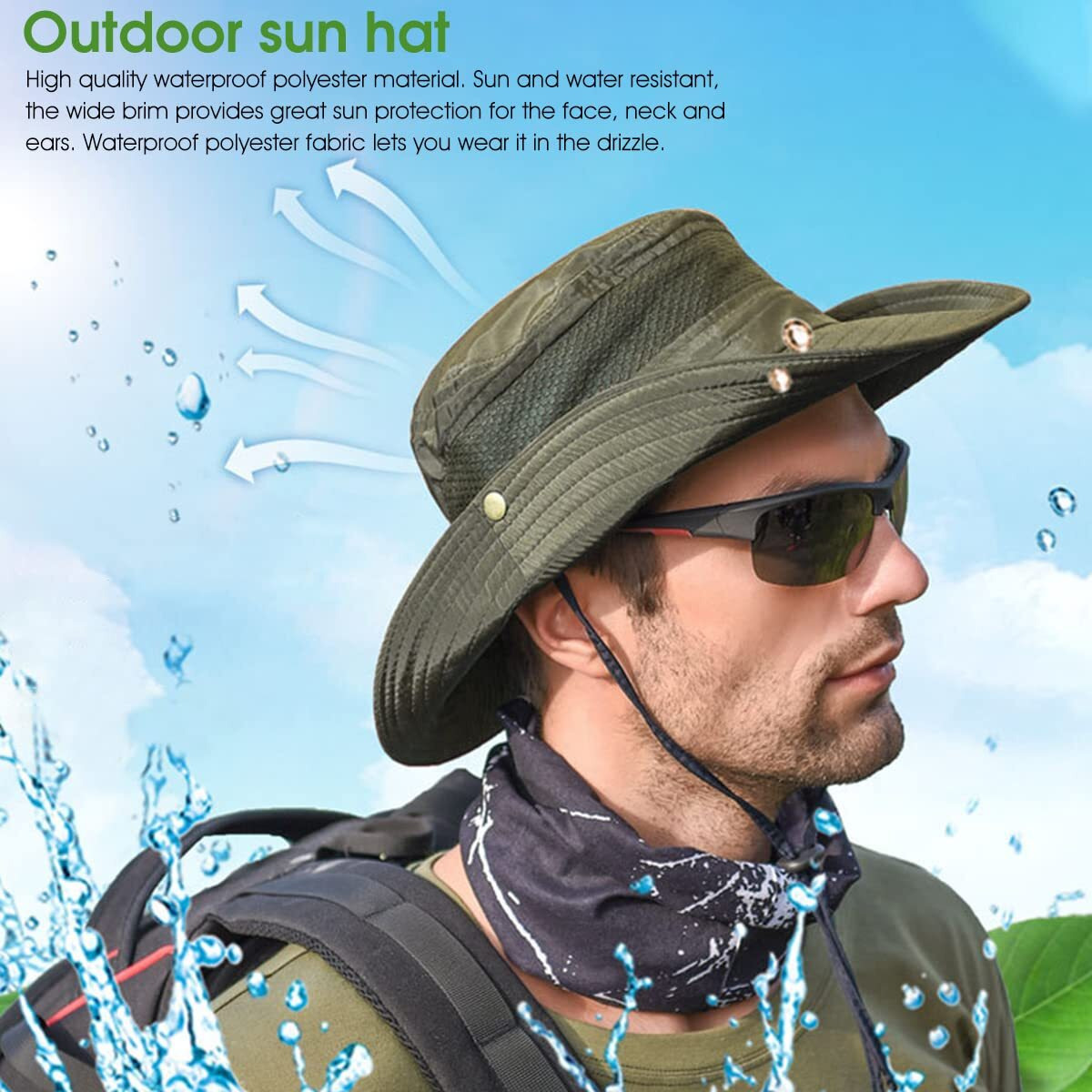 Gustave Synthetic Mens Sun Hat Wide Brim Summer Sun Protection Cap For Men Round Cap For Men Uv Protection Round Sun Cap For Hiking, Fishing, Gardning, Travel (Multi-Colour) Army Green, Free Size