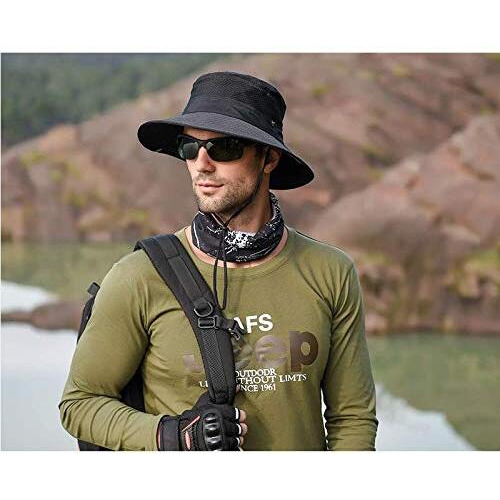 Gustave Synthetic Mens Sun Hat Wide Brim Summer Sun Cap Uv Protection Fishsing Hat Foldable Bucket Hat Round Cap For Men Outdoor(Black), Free Size