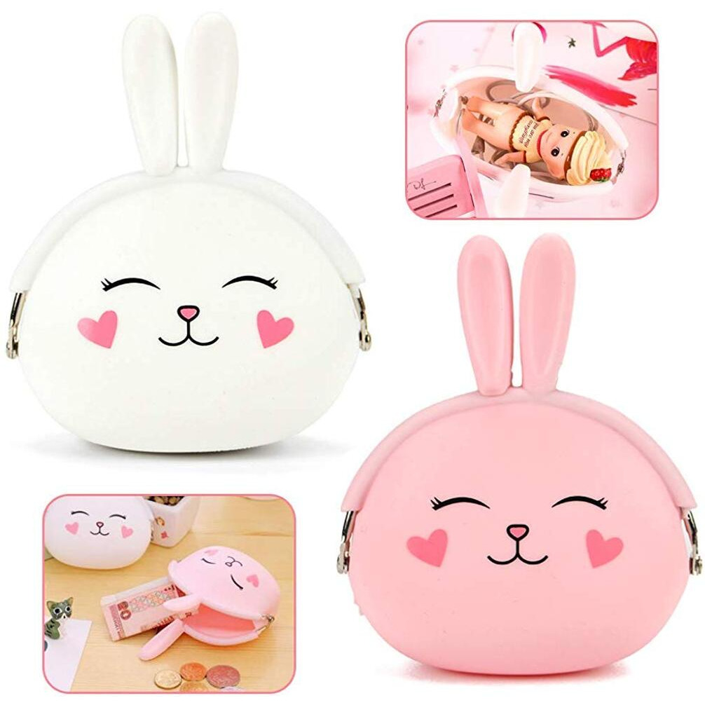 Palay 2 Pcs Silicone Coin Purse For Girls Stylish Coin Pouch Bag, Cute Bunny Small Coin Purse For Kids, Storage Of Change, Small Accessories Wallet For Girls (Pink+White)