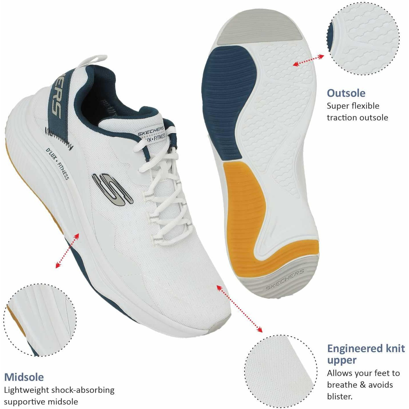 Skechers Mens D'Lux Fitness - Roam Free Casual Sneakers Vegan Air-Cooled Memory Foam Cushioned Comfort Insole White - 6 Uk (232358)