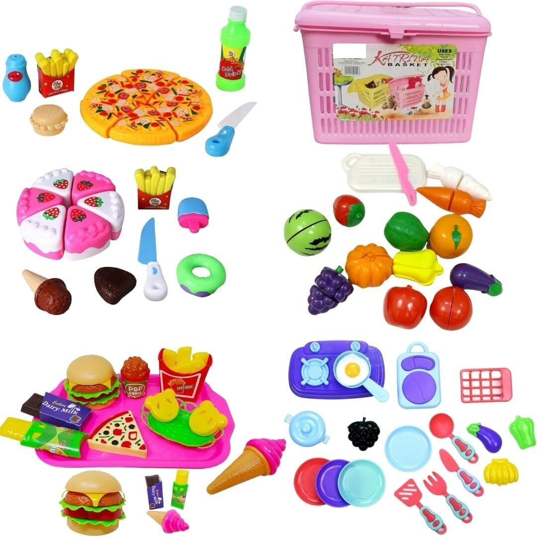 Pluspoint The Big Basket Fruit Cutting Toy With Storage Basket Realistic Sliceable Fruits And Vegetable Pretend Play Kids Set Includes( Cake+Pizza+Fast Food+Fruit + Vegetable+ Kitchen (The Big Basket)