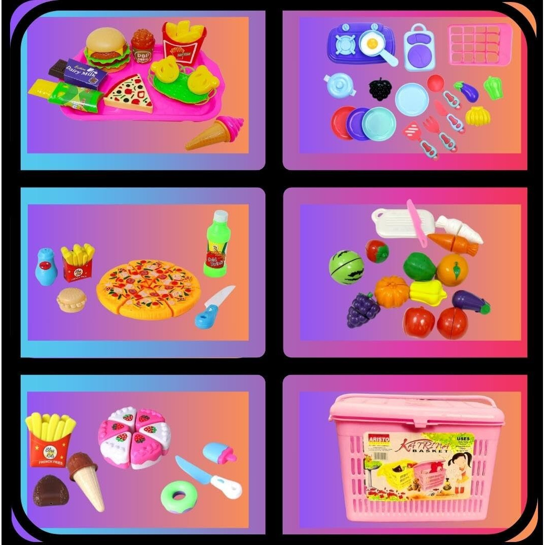 Pluspoint The Big Basket Fruit Cutting Toy With Storage Basket Realistic Sliceable Fruits And Vegetable Pretend Play Kids Set Includes( Cake+Pizza+Fast Food+Fruit + Vegetable+ Kitchen (The Big Basket)