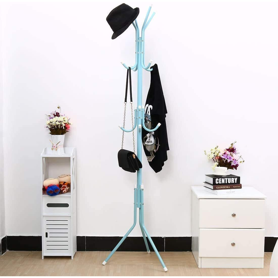 Lukzer Metal Multifunctional 8 Hook Coat Hanger Clothes Stand Hanging Pole Wrought Iron Rack Standing Shelf Space Saver Storage Organizer For Garments, Scarf, Umbrella (Blue/170 X 42Cm)