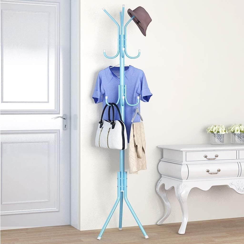 Lukzer Metal Multifunctional 8 Hook Coat Hanger Clothes Stand Hanging Pole Wrought Iron Rack Standing Shelf Space Saver Storage Organizer For Garments, Scarf, Umbrella (Blue/170 X 42Cm)
