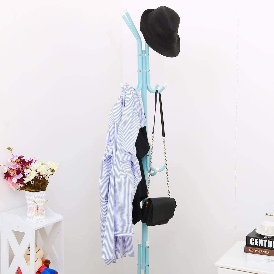 Lukzer Metal Multifunctional 8 Hook Coat Hanger Clothes Stand Hanging Pole Wrought Iron Rack Standing Shelf Space Saver Storage Organizer For Garments, Scarf, Umbrella (Blue/170 X 42Cm)