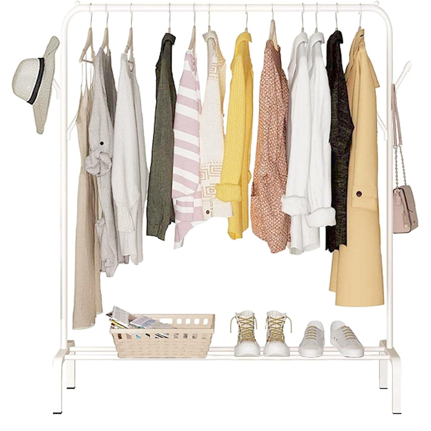 Ekron Multipurpose Metal Garment Stand Rack With Top Rod And Lower Storage Shelf With Hooks Heavy Duty Clothes Coat Hanger Wardrobe Space Organizer (White / 40 X 110 X 148 Cm)