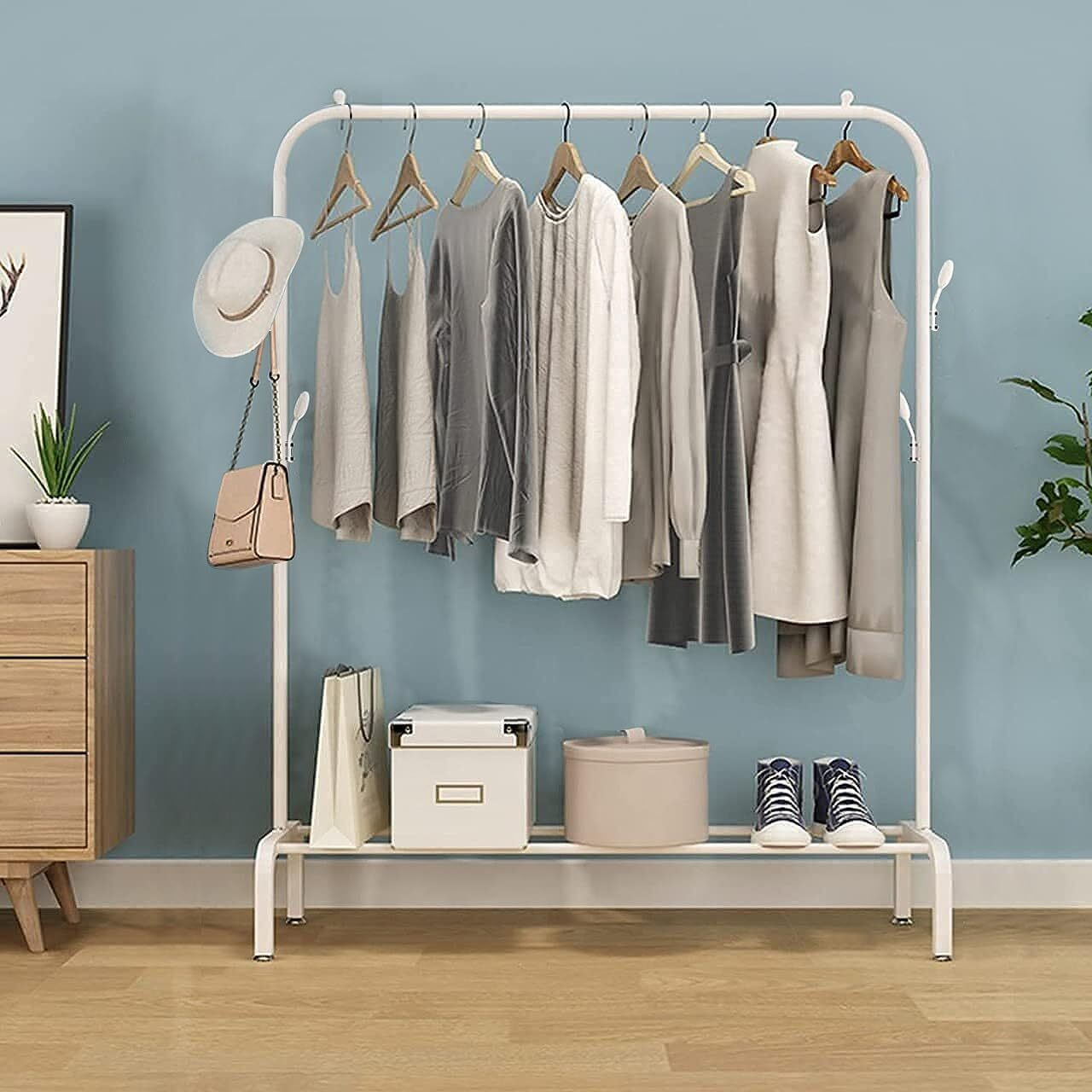 Ekron Multipurpose Metal Garment Stand Rack With Top Rod And Lower Storage Shelf With Hooks Heavy Duty Clothes Coat Hanger Wardrobe Space Organizer (White / 40 X 110 X 148 Cm)