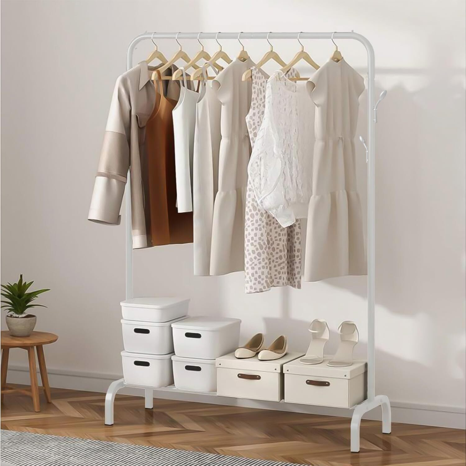 Ekron Multipurpose Metal Garment Stand Rack With Top Rod And Lower Storage Shelf With Hooks Heavy Duty Clothes Coat Hanger Wardrobe Space Organizer (White / 40 X 110 X 148 Cm)