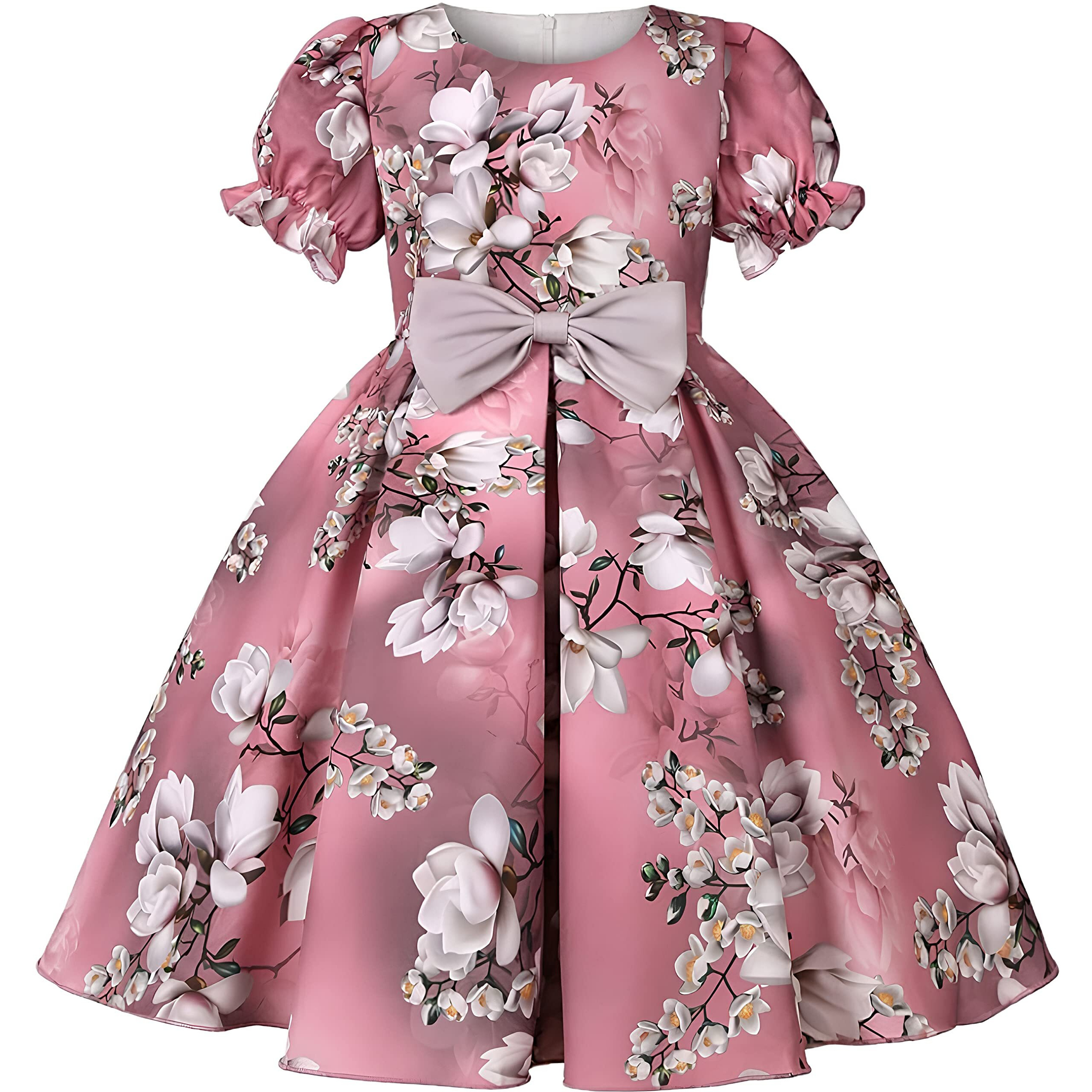 Buy & Try Girl's Satin Floral Printed Frock Short Knee Length Short Sleeve Dora Frocks Dress. (Pink, 5-6-Year)