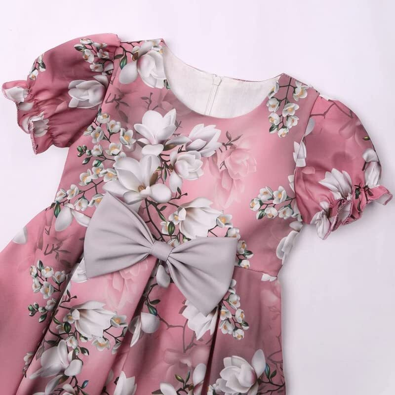 Buy & Try Girl's Satin Floral Printed Frock Short Knee Length Short Sleeve Dora Frocks Dress. (Pink, 5-6-Year)