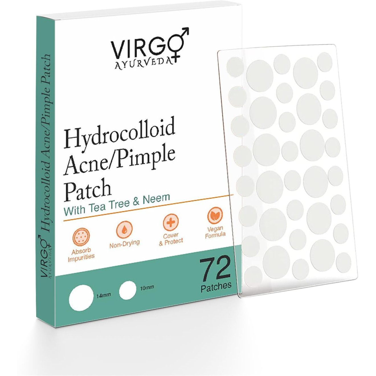 Virgo Ayurveda Hydrocolloid Acne Pimple Patch For Zits And Blemishes With Tea Tree And Neem, Spot Stickers For Face And Skin - 72 Count