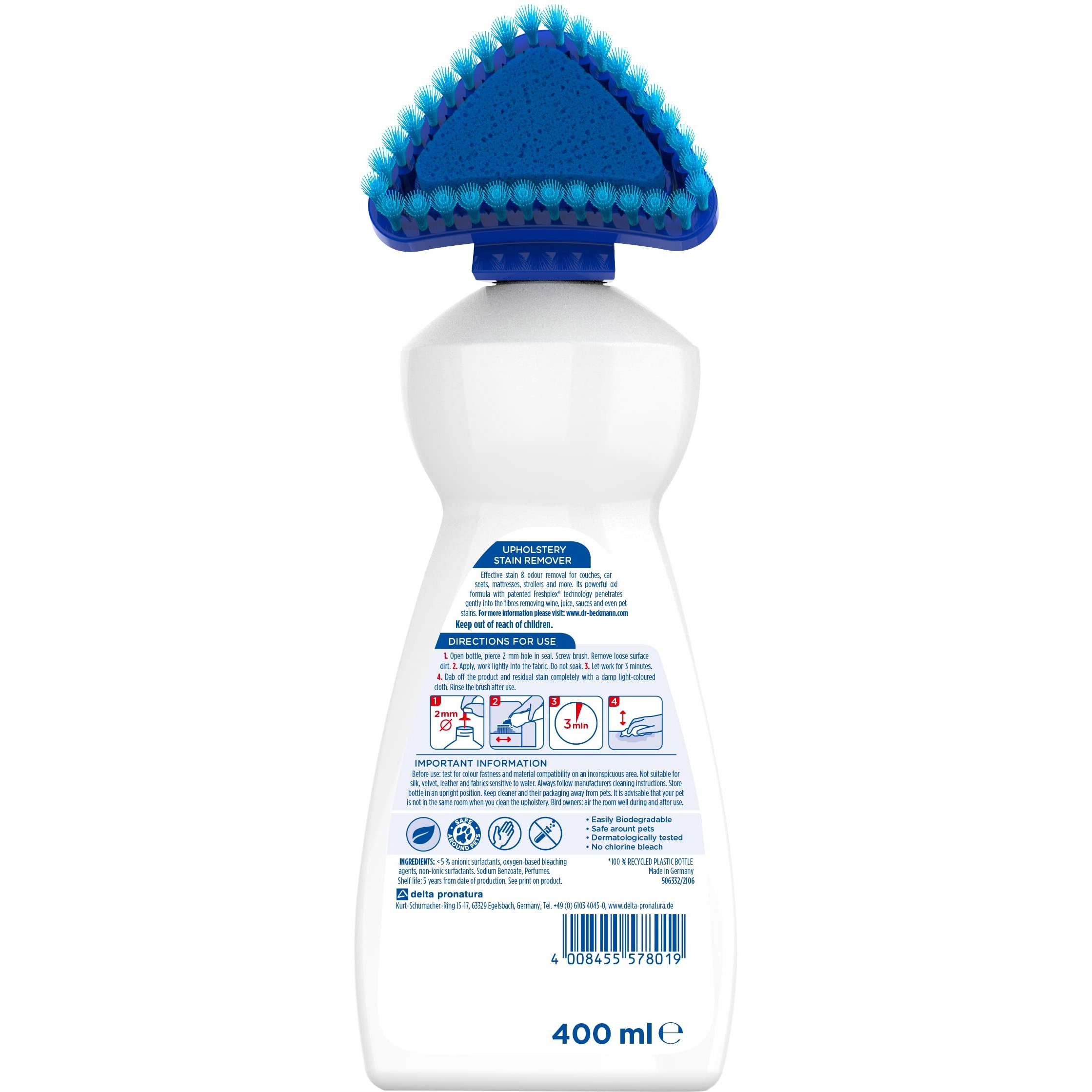 Dr. Beckmann Upholstery Stain Remover Liquid, 400Ml|Removes Even Stubborn Stains And Odours From Sofa, Couch, Car Seats, Office Chairs, Mattresses & More|With Applicator Brush|Sofa Cleaner