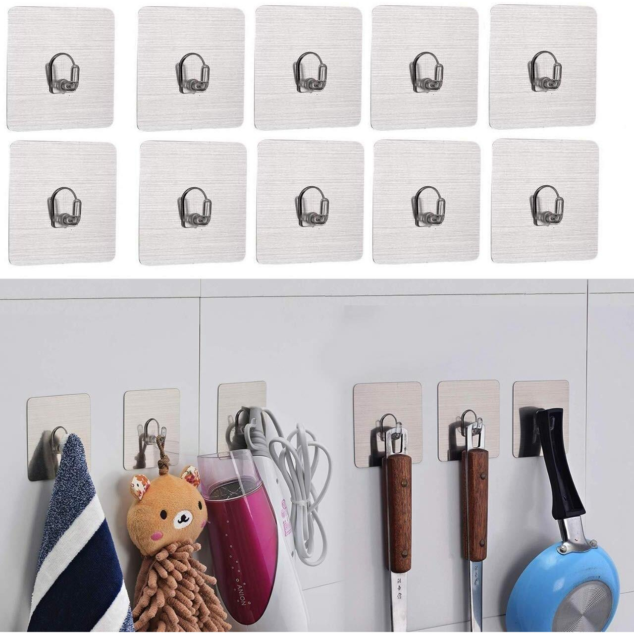 Density Collection Wall Hooks Utility Towel Bathrobe Coats,Bathroom Kitchen Waterproof And Oil Proof Nail Free Transparent Heavy Duty Wall Hook & Ceiling Hanger-8 Kg Capicity Each Hook (10)
