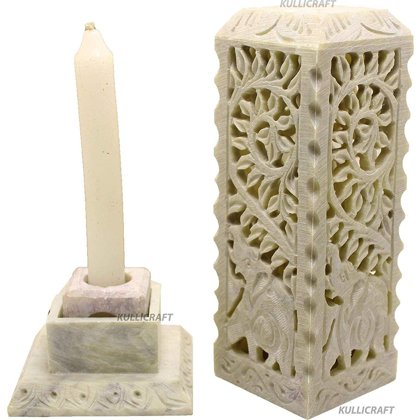 Kc Kullicraft Handcrafted Elephant Carving Soapstone Marble Incense Agarbati Stand Holder For Puja With 6 Dhoop Batti(Square)