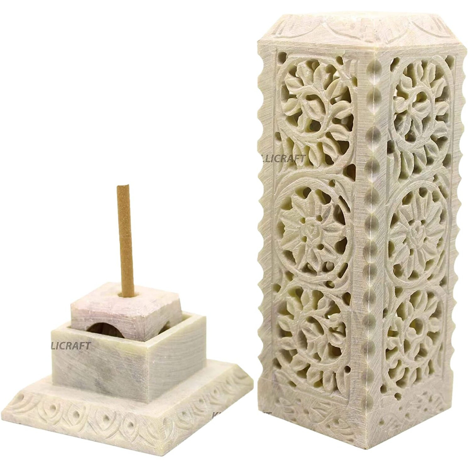 Kc Kullicraft Handcrafted Flower Carving Soapstone Marble Incense Holder Agarbati Stand Dhoopbatti Stand For Puja With 6 Dhoop Batti