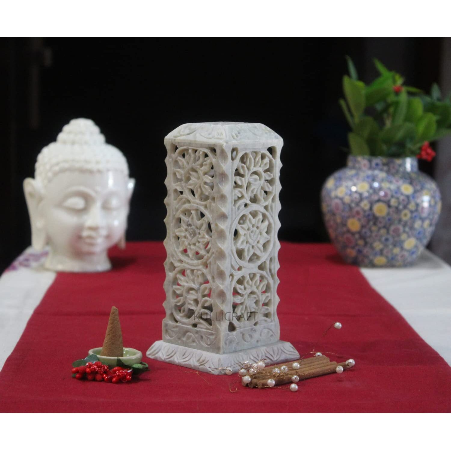 Kc Kullicraft Handcrafted Flower Carving Soapstone Marble Incense Holder Agarbati Stand Dhoopbatti Stand For Puja With 6 Dhoop Batti
