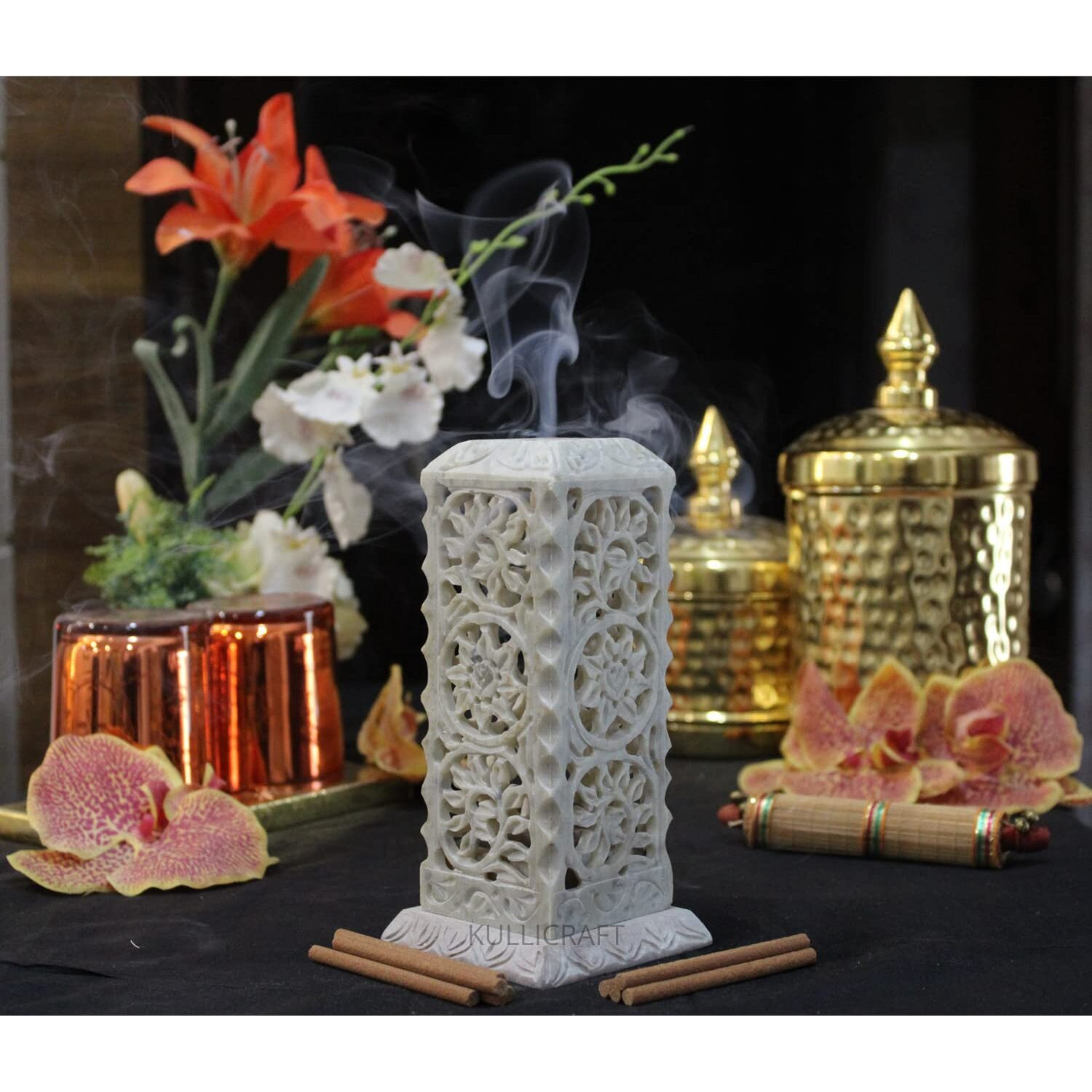 Kc Kullicraft Handcrafted Flower Carving Soapstone Marble Incense Holder Agarbati Stand Dhoopbatti Stand For Puja With 6 Dhoop Batti