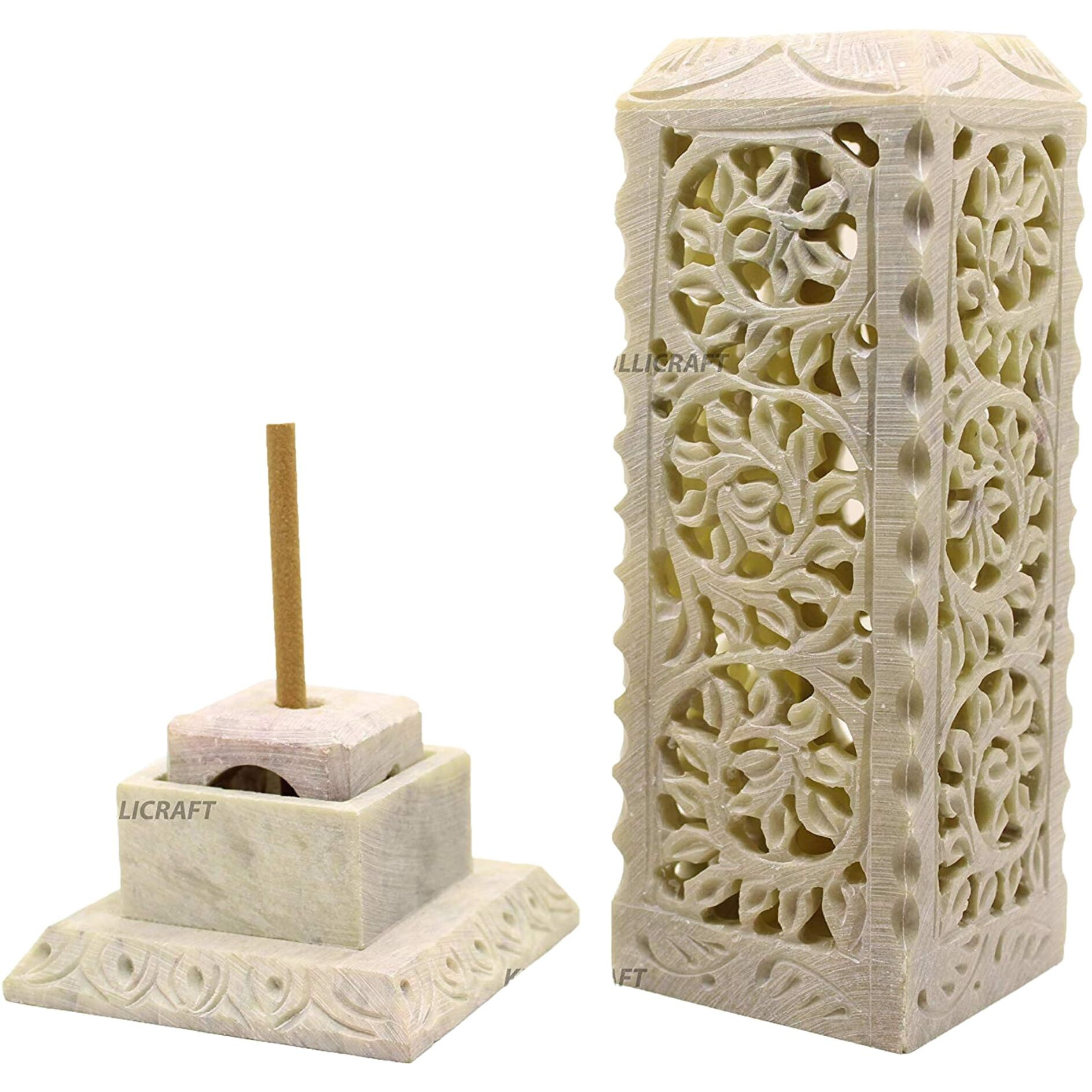 Kc Kullicraft Soapstone Marble Handcrafted Floral Carving Incense Agarbati Stand Holder For Puja With 6 Dhoop Batti