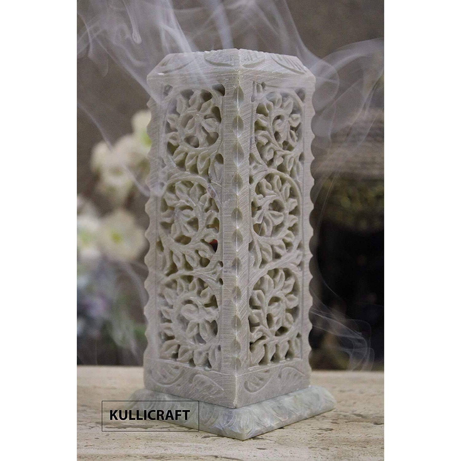 Kc Kullicraft Soapstone Marble Handcrafted Floral Carving Incense Agarbati Stand Holder For Puja With 6 Dhoop Batti