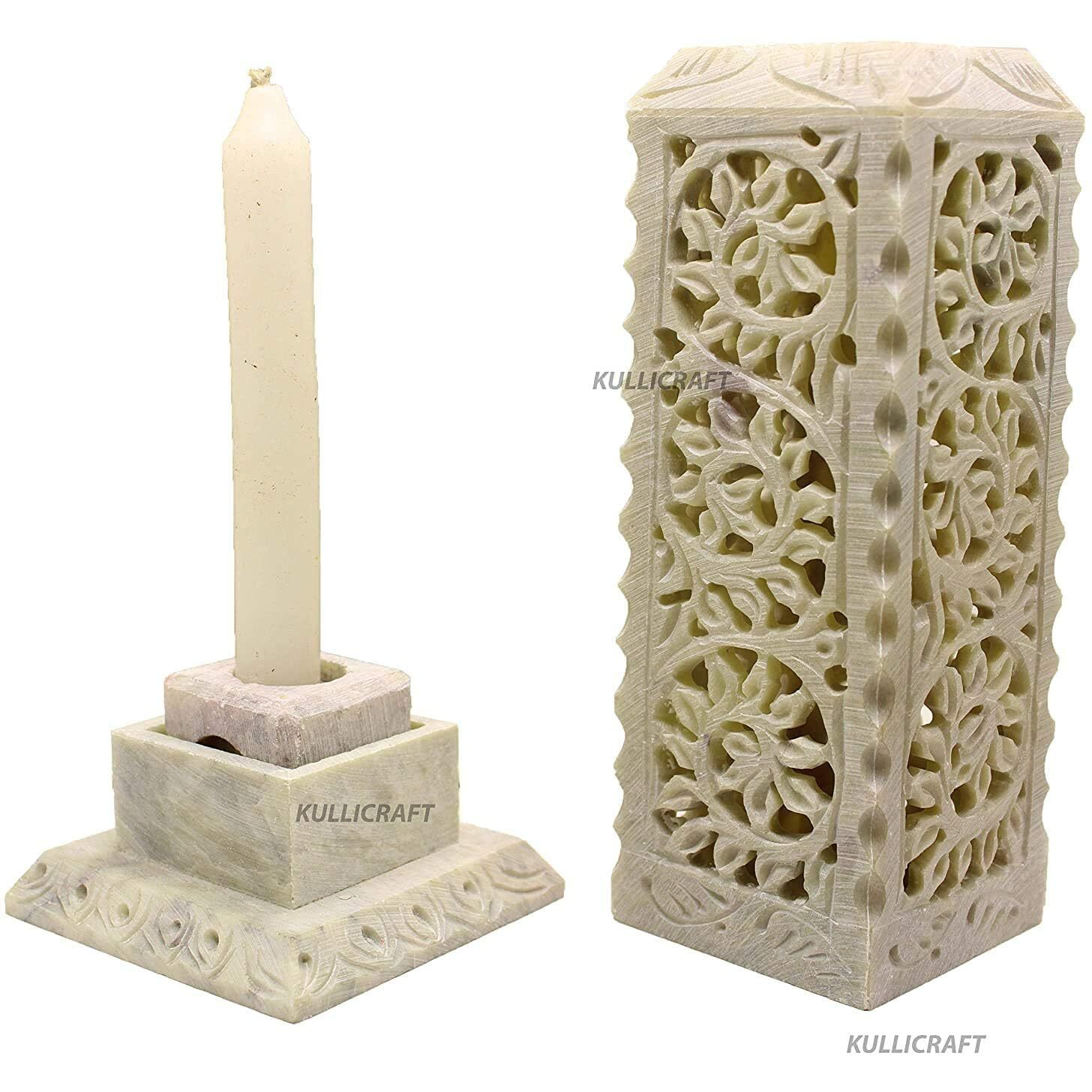 Kc Kullicraft Soapstone Marble Handcrafted Floral Carving Incense Agarbati Stand Holder For Puja With 6 Dhoop Batti