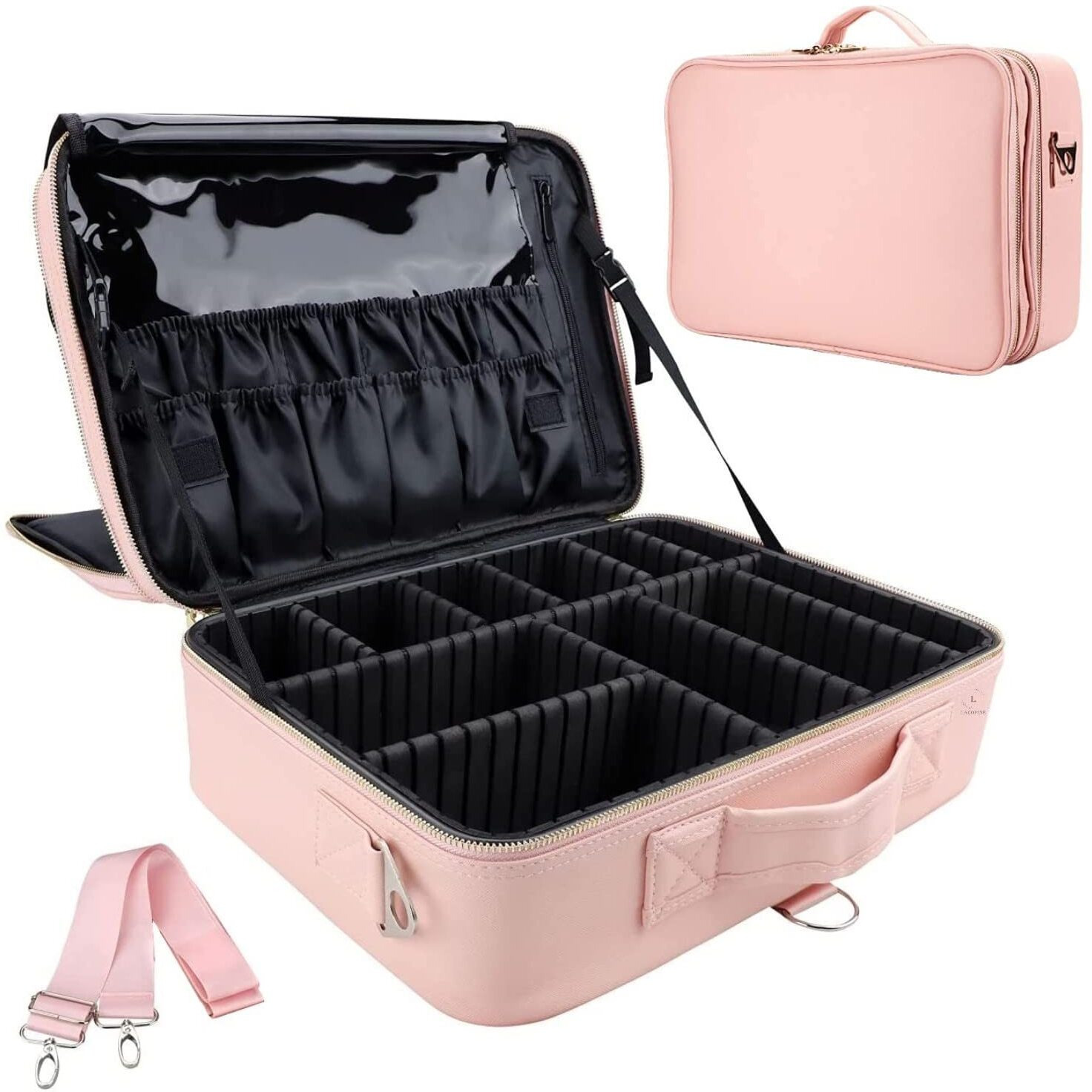 Lacopine Portable Cosmetic Organizer With Shoulder Straps Multi Functional Cosmetic Bag Makeup Handbag For Travel & Home Gift (Baby Pink 16 Inch(2 Layer))