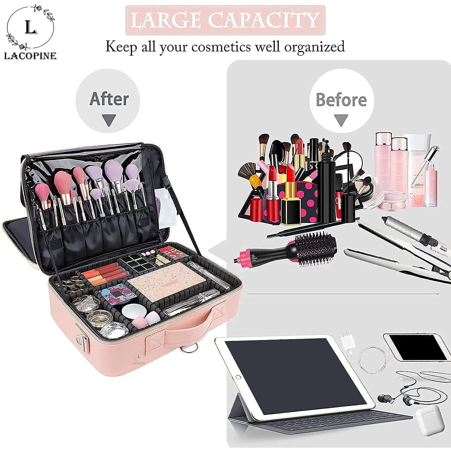 Lacopine Portable Cosmetic Organizer With Shoulder Straps Multi Functional Cosmetic Bag Makeup Handbag For Travel & Home Gift (Baby Pink 16 Inch(2 Layer))
