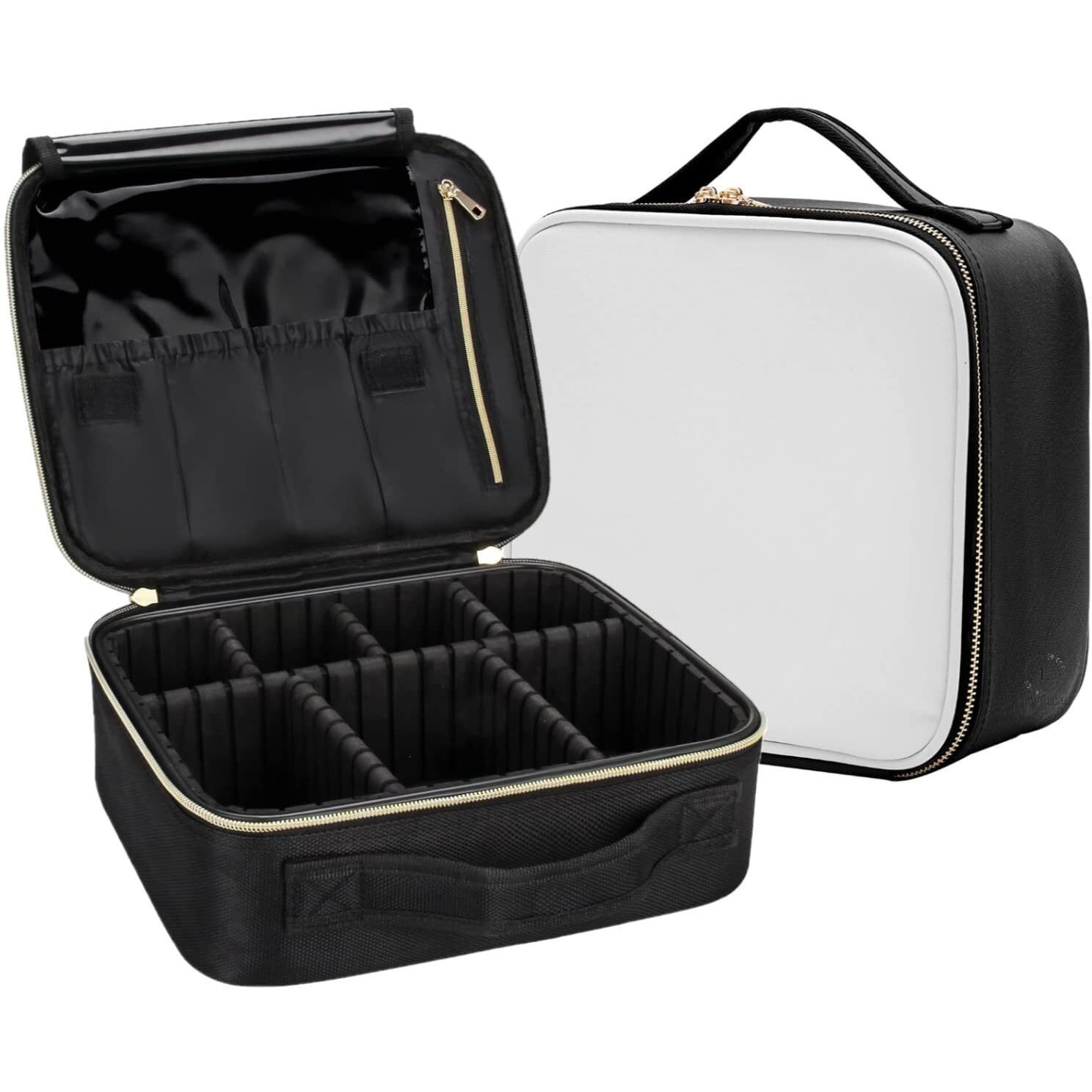 Lacopine Portable Cosmetic Organizer Multi Functional Cosmetic Bag Makeup Handbag For Travel & Home Gift (Black & White 10 Inch(1 Layer))