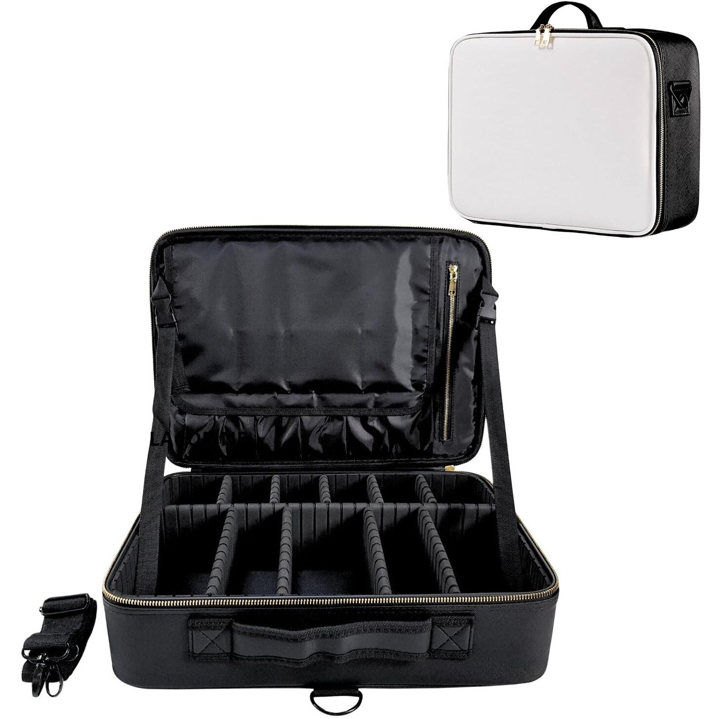 Lacopine Portable Cosmetic Organizer With Shoulder Straps Multi Functional Cosmetic Bag Makeup Handbag For Travel & Home Gift (Black &White 16 Inch(1 Layer))