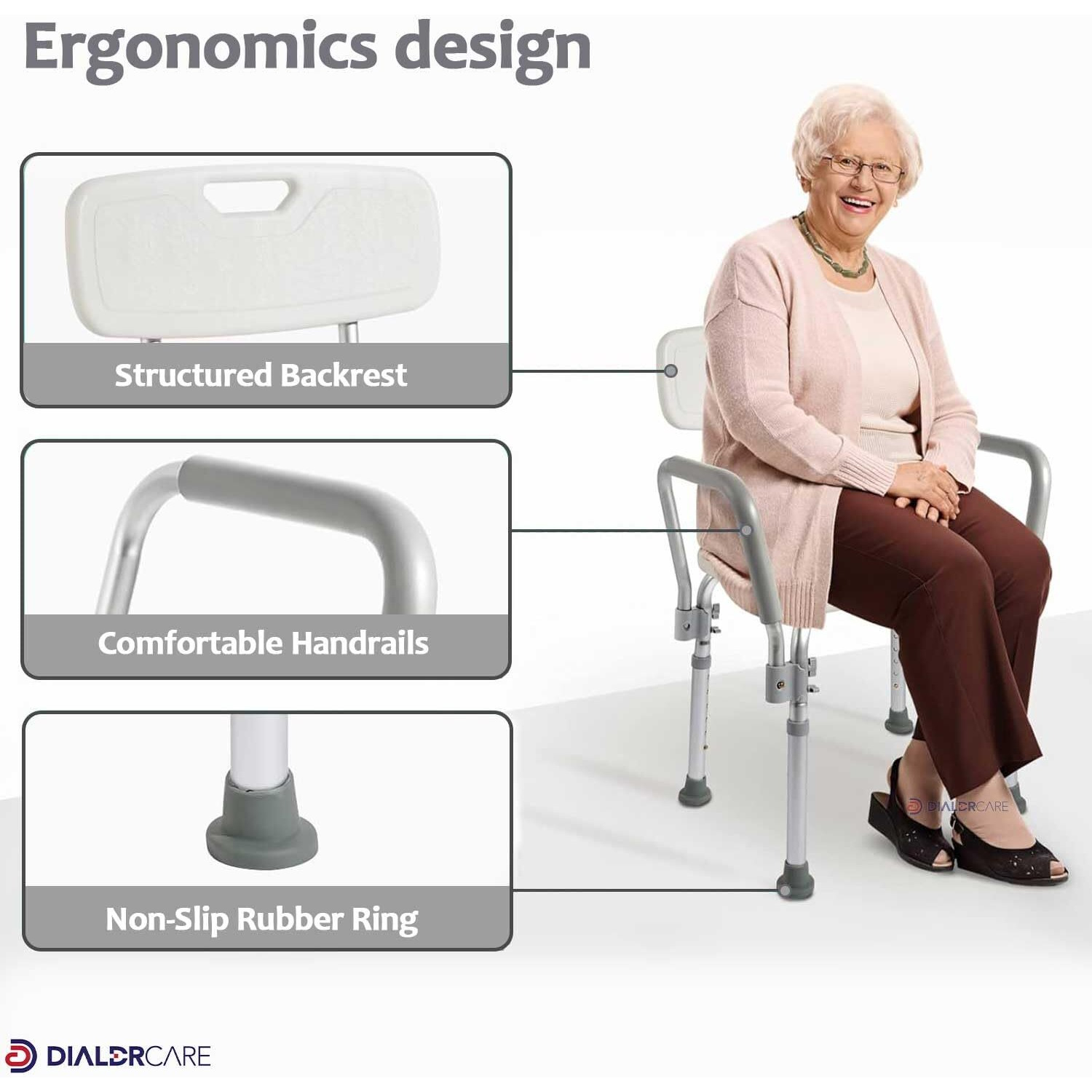 Dialdrcare Shower Chair With Non Slip Aluminum Body, Bath And Shower Safety For Elderly, Seniors And Disabled