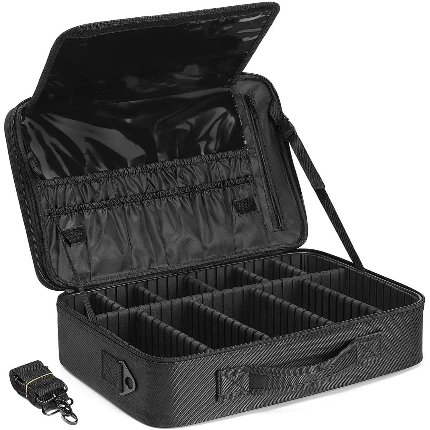 Lacopine Travel Professional Makeup Case Organizer Bag Nylon Travel Pouch For Women Portable Artist Storage Makeup Brush Bag With Adjustable Dividers (Black, 16 Inch (1 Layer))