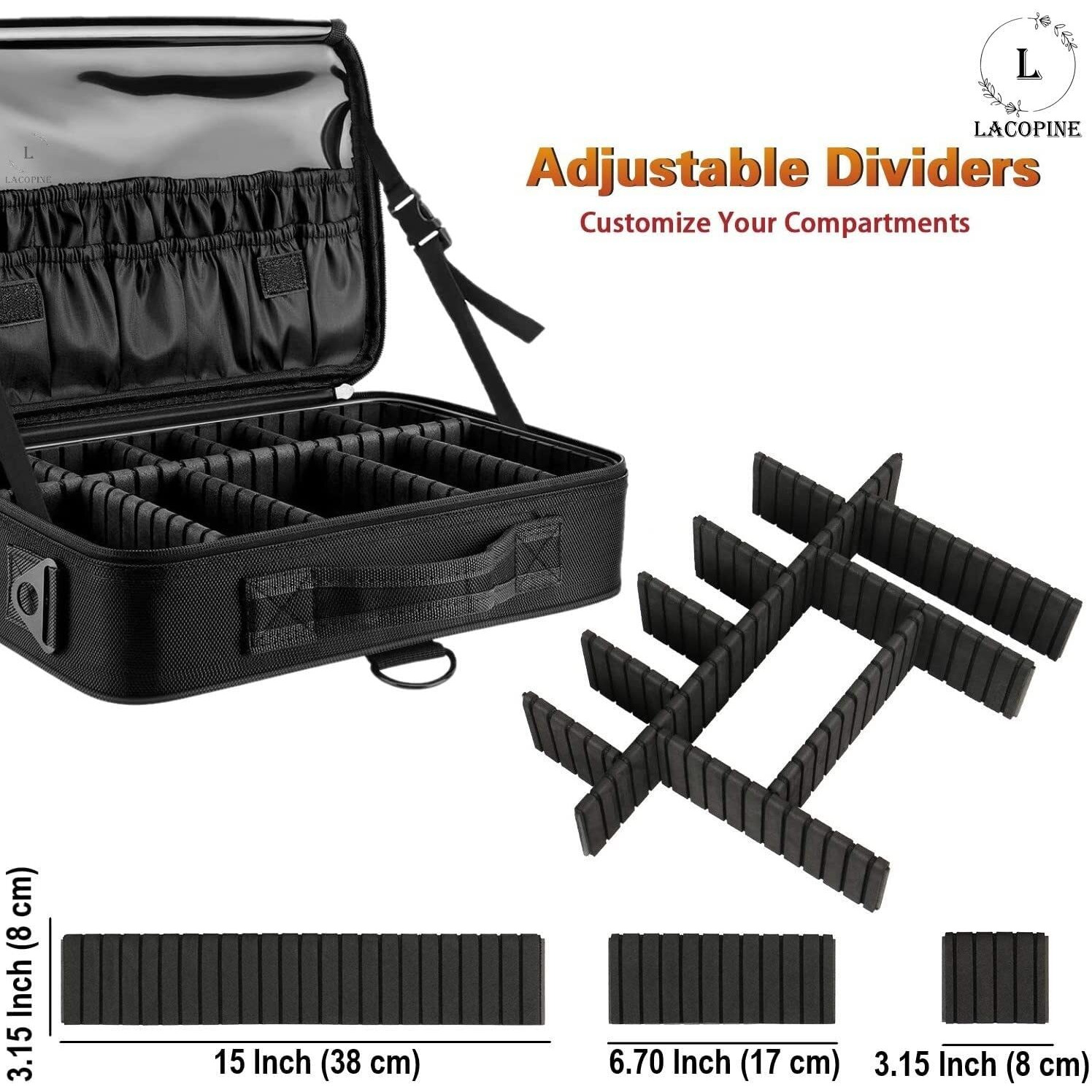 Lacopine Travel Professional Makeup Case Organizer Bag Nylon Travel Pouch For Women Portable Artist Storage Makeup Brush Bag With Adjustable Dividers (Black, 16 Inch (1 Layer))