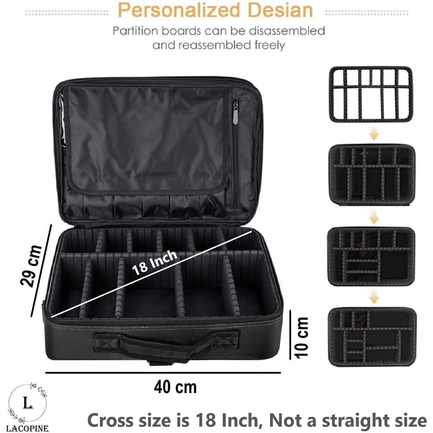 Lacopine Travel Professional Makeup Case Organizer Bag Nylon Travel Pouch For Women Portable Artist Storage Makeup Brush Bag With Adjustable Dividers (Black, 16 Inch (1 Layer))