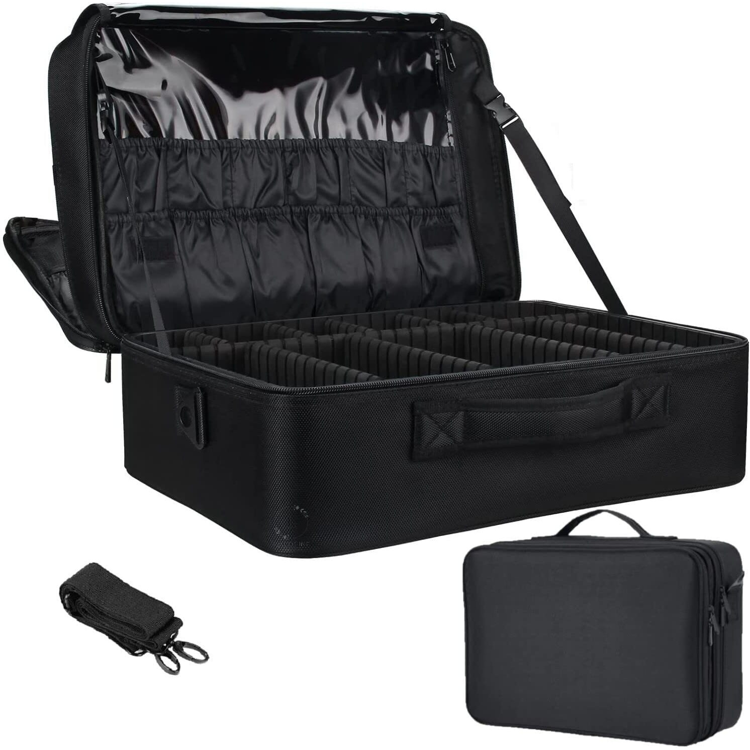 Lacopine Travel Professional Makeup Cosmetic Bag For Women | Portable Artist Storage Makeup Brush Bag With Adjustable Dividers (Black, 18 Inch (2 Layer))