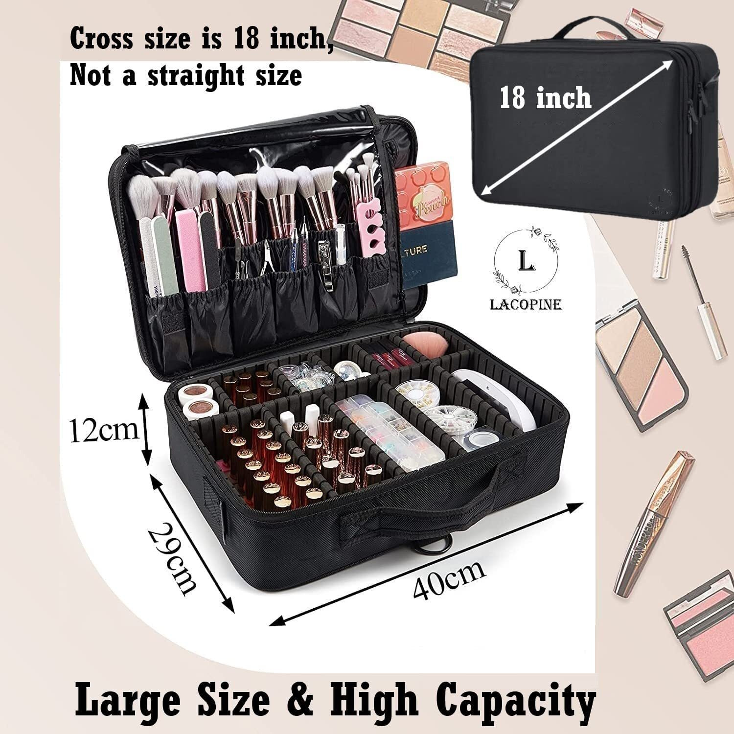 Lacopine Travel Professional Makeup Cosmetic Bag For Women | Portable Artist Storage Makeup Brush Bag With Adjustable Dividers (Black, 18 Inch (2 Layer))