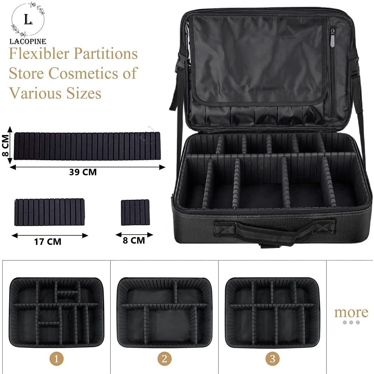 Lacopine Travel Professional Makeup Cosmetic Bag For Women | Portable Artist Storage Makeup Brush Bag With Adjustable Dividers (Black, 18 Inch (2 Layer))
