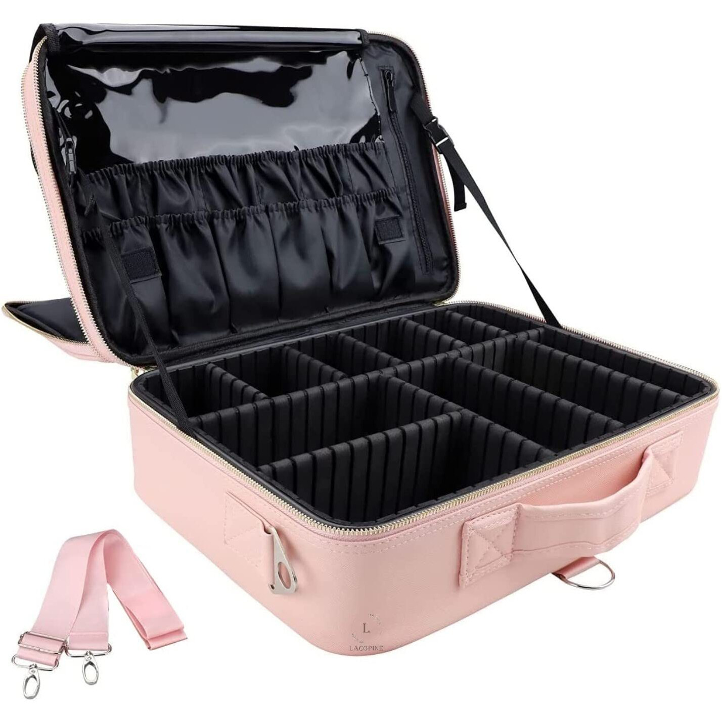 Lacopine Travel Professional Makeup Case Cosmetic Bag Organizer Bag For Women | Portable Artist Storage Makeup Brush Bag With Adjustable Dividers (Baby Pink, 16 Inch (2 Layer))